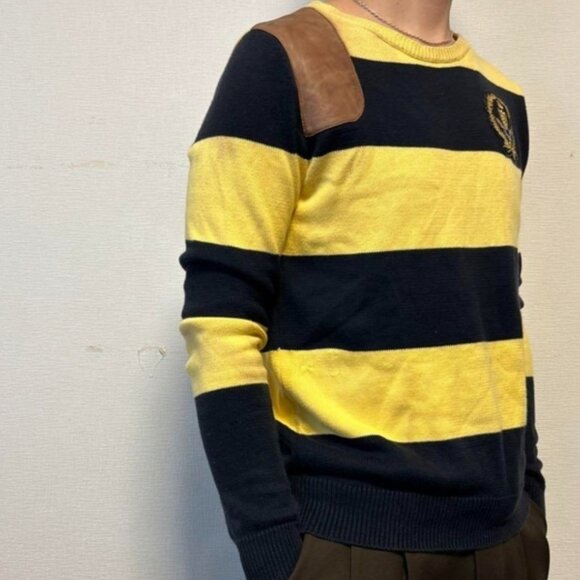 S/M💛Ralph Lauren Sport Men's Yellow&Navy Striped Crewneck Sweater - Picture 4 of 8